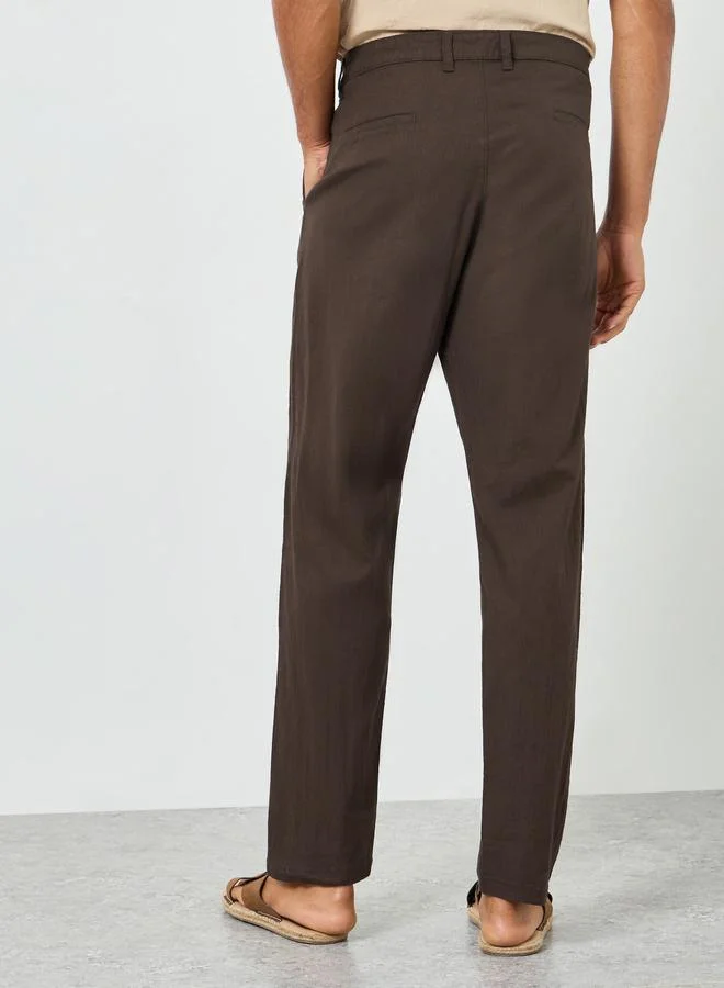 Styli  Men Brown Pleated Tapered Linen Trousers for Men | Best Price UAE